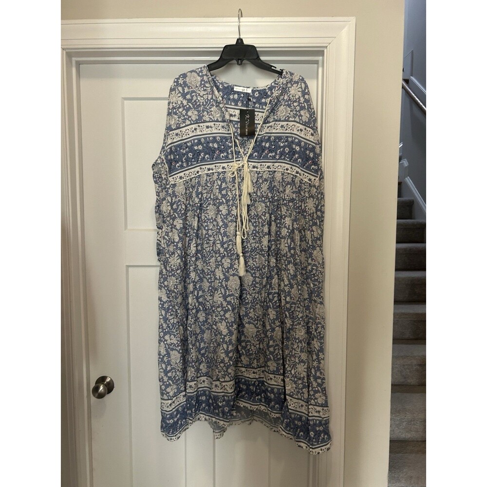 New R Vivimos Dress Women’s Size 2X Blue Floral Midi Prairie Modest Tassels Boho